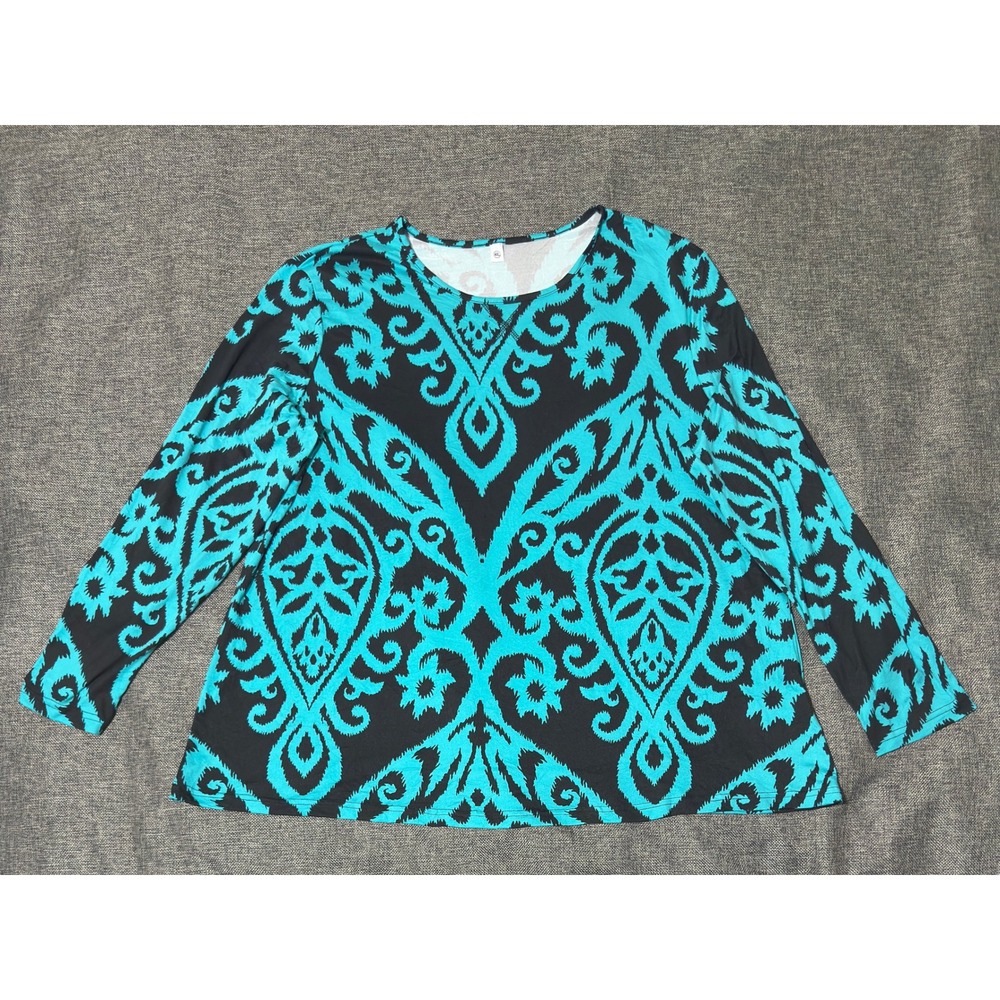 Unbranded Womens 4XL Top Teal Black Damask Print Long Sleeve Rayon Blend